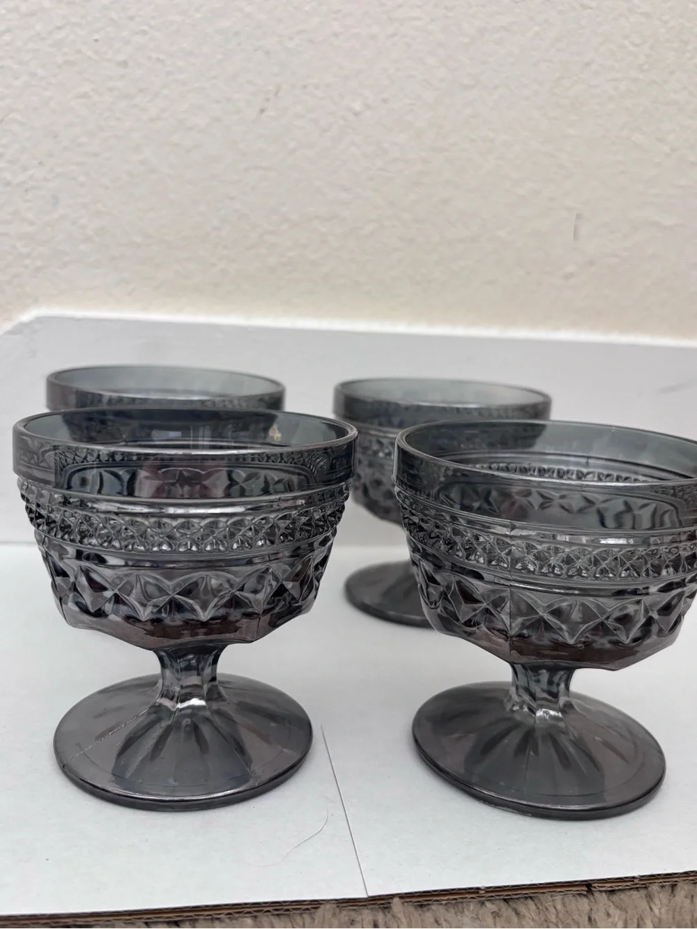 Vintage Smoky Gray Pressed Glass Dessert Cups - Set of 4